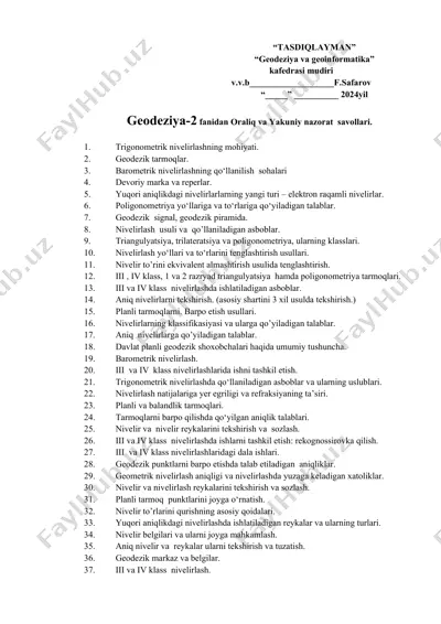 geodeziya-2 fanidan oraliq va yakuniy nazorat savollari. — DOCX