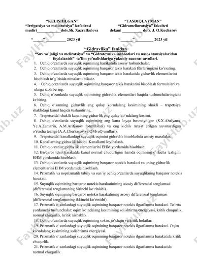 gidrotexnika va melioratsiya bo'yicha savollar — DOCX