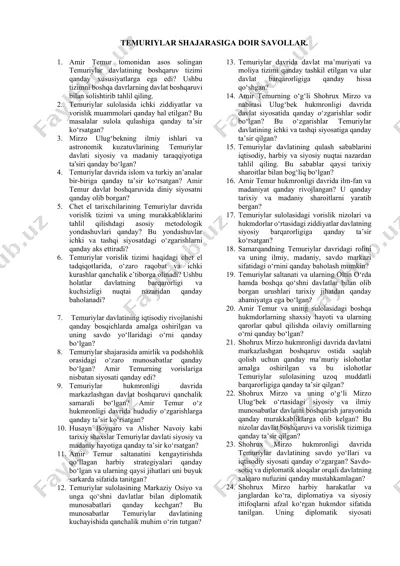 temuriylar shajarasiga doir savollar — DOCX