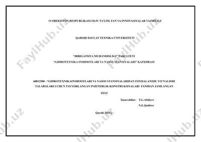 "gidrotexnika inshootlari va nasos stansiyalari konstruksiyalari testi" — PDF