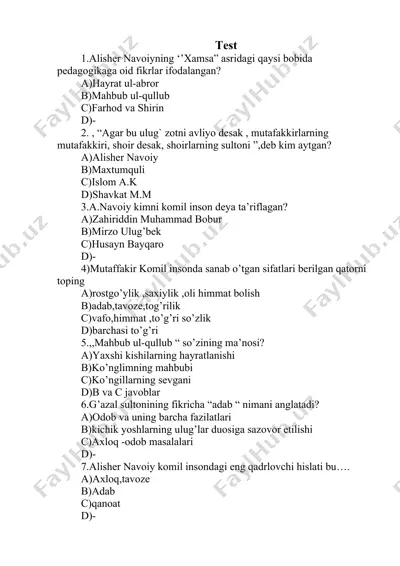 alisher navoiy haqida test savollar — DOCX