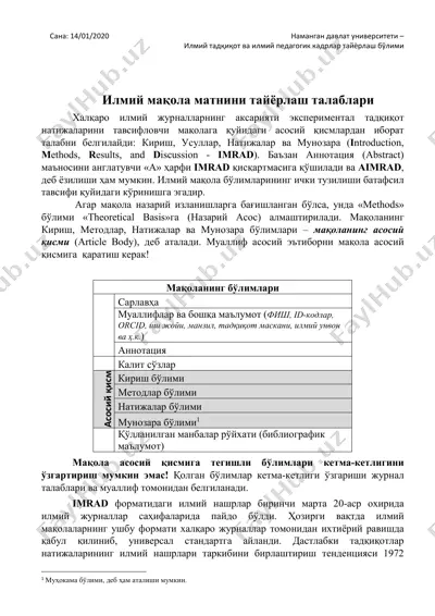 imrad shakli bo'yicha ilmiy maqolalar tayyorlash tadbirlari — PDF