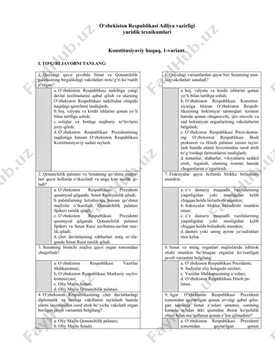 o‘zbekiston respublikasi adliya vazirligi yuridik texnikumlari konstitusiyaviy huquq 1-variant — DOCX