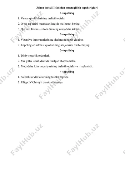 jahon tarixi ii fanidan mustaqil ish topshiriqlari — DOCX