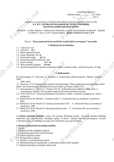 beton qoplamali kanal qurilishini tashkil qilish texnologiyasi — DOCX