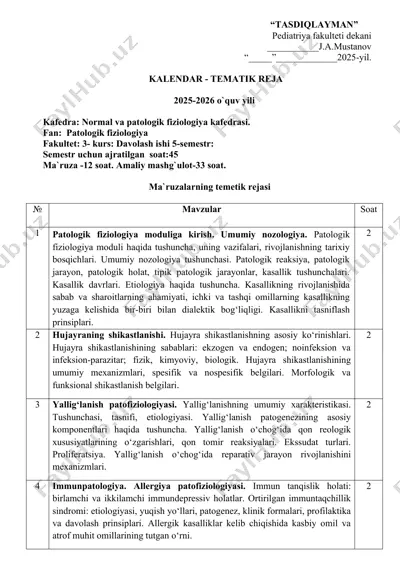 patologik fiziologiya tematik reja — DOCX