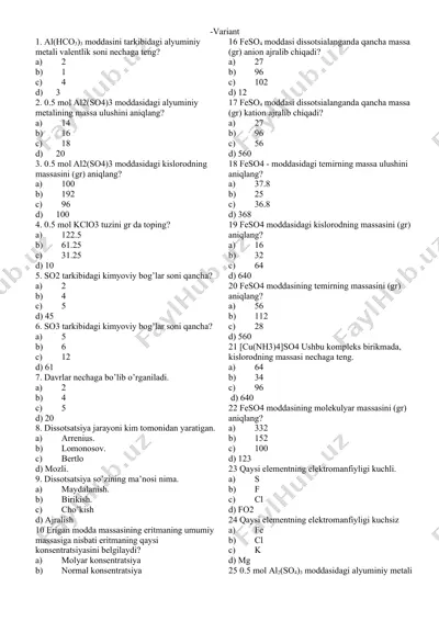 kimyo test savollari — DOCX