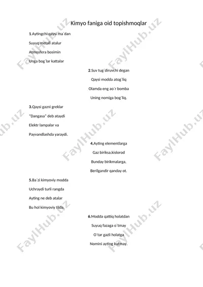 kimyo faniga oid topishmoqlar — DOCX