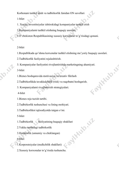 korhonani tashkil etish va tadbirkorlik fanidan on savollari — DOCX