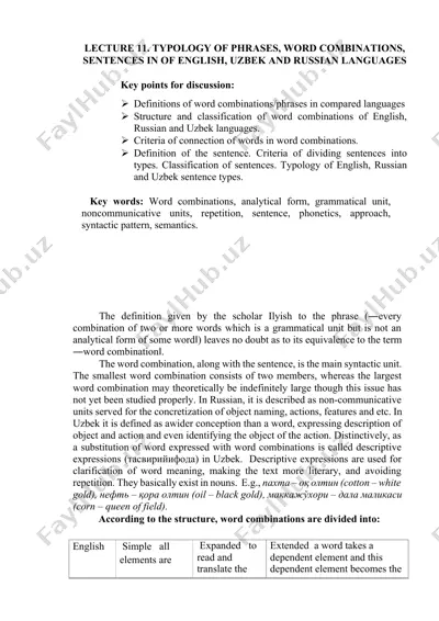 lecture 11 typology of phrases, word combinations, sentences in english, uzbek, and russian languages — DOCX
