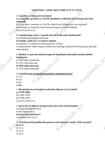 logistika asoslari fanidan 25 ta test — DOCX