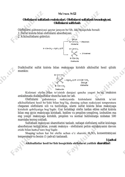 olefinlarni sulfatlash texnologiyasi — PDF