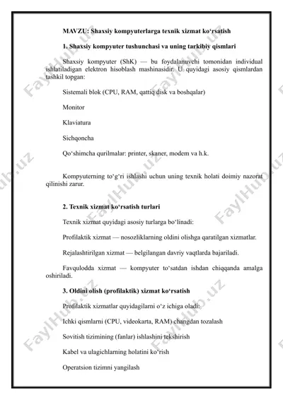 shaxsiy kompyuterlarga texnik xizmat ko‘rsatish — DOCX