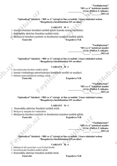 buxgalteriya hisobifanidan on savollari — DOCX