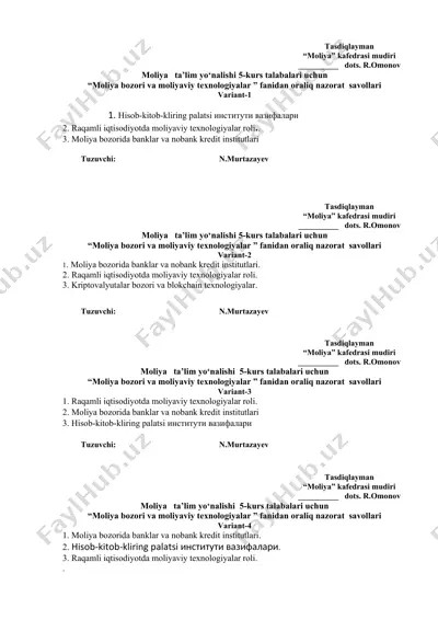 "moliya bozori va moliyaviy texnologiyalar" nazorat savollari — DOCX