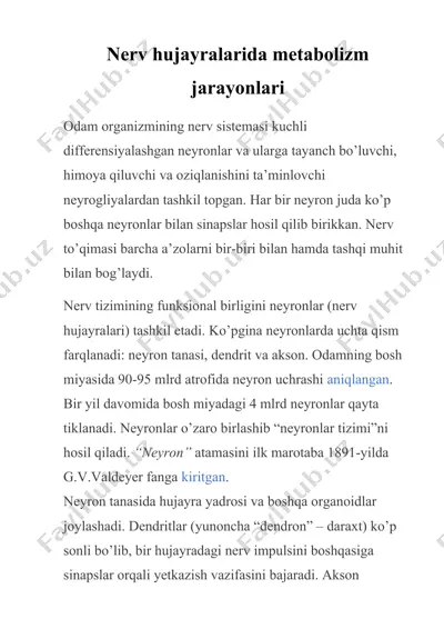 nerv hujayralarida metabolizm jarayonlari — DOCX