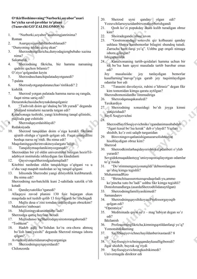 "nur borki, soya bor" oʻtkir hoshimov savol javoblar to'plami — DOCX