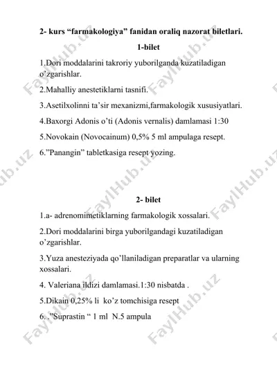 farmakologiya fanidan oraliq nazorat biletlari — DOCX