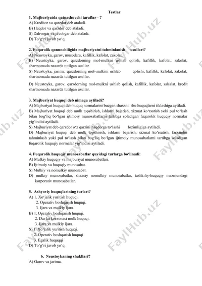 fuqarolik qonunchiligi testlar — DOCX