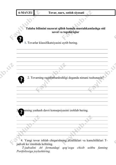 talaba bilimini nazorat qilish hamda mustahkamlashga oid savol va topshiriqlar — DOCX