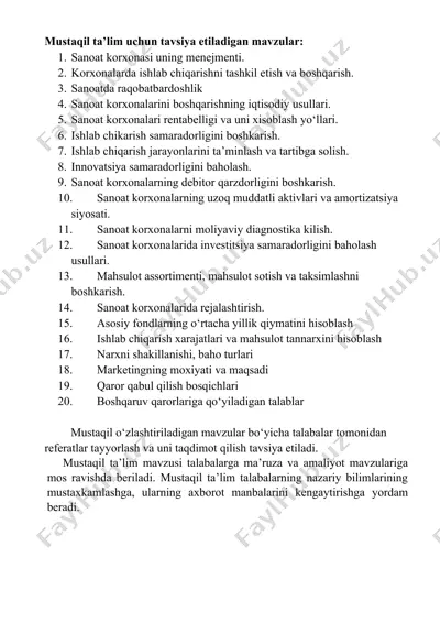 mustaqil ta’lim uchun tavsiya etiladigan mavzular — DOCX