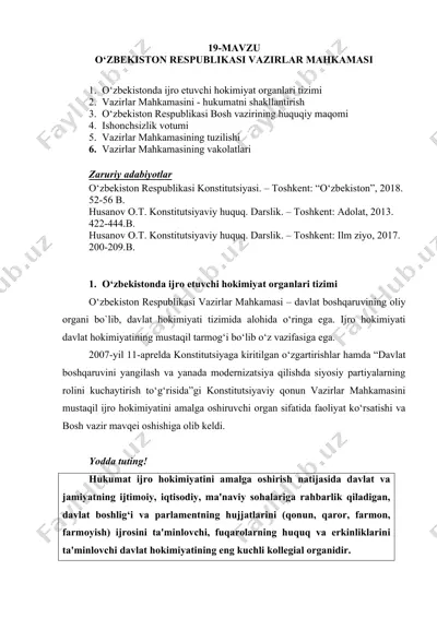 o‘zbekistonda ijro etuvchi hokimiyat organlari tizimi — DOCX