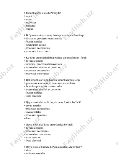 umurtka anatomiyasi test savollari — DOCX