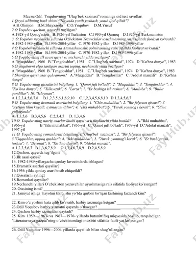 odil yoqubovning “ulug'bek xazinasi” romaniga oid test savollari — DOCX
