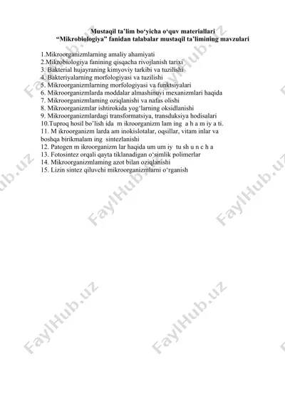 mustaqil ta’lim bo‘yicha o‘quv materiallari "mikrobiologiya" fanidan — DOCX