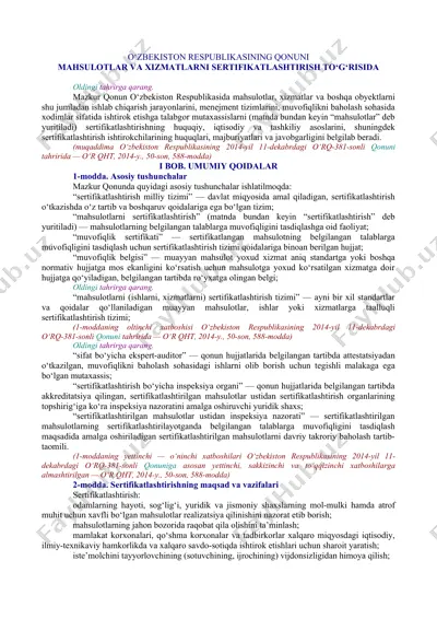 mahsulotlar va xizmatlarni sertifikatlashtirish to‘g‘risida — DOCX