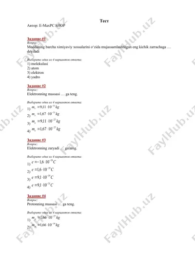 kimyoviy test savollar to'plami — DOCX
