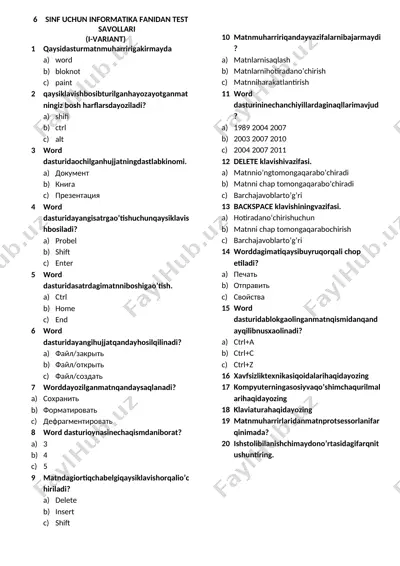 sinf uchun informatika fanidan test savollari — DOCX