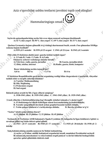 urush yillari haqida test savollari — DOCX