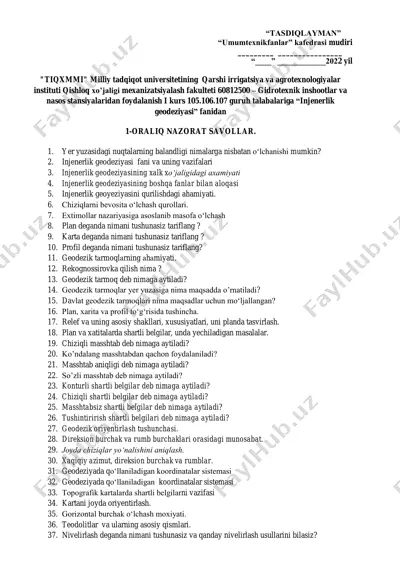 gidrotexnik inshootlar va nasos stansiyalaridan foydalanish. injenerlik geodeziyasi faniga oid oralig nazorat savollari. — PDF