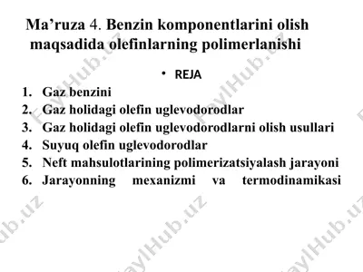 benzinkomponentlarini olish maqsadida olefinlarning polimerlanishi — PPTX
