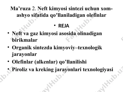 neftkimyosisi sintez uchun xom-ashyosifatida qoʼllaniladigan olefinlar — PPTX
