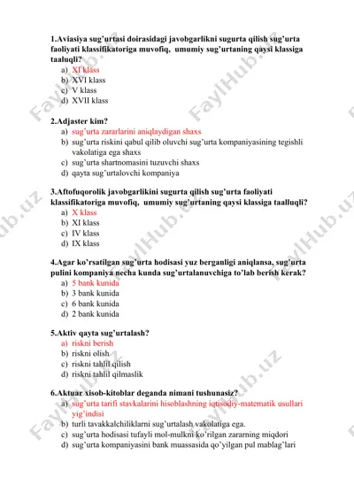 sug'urta faoliyati test savollari — DOCX