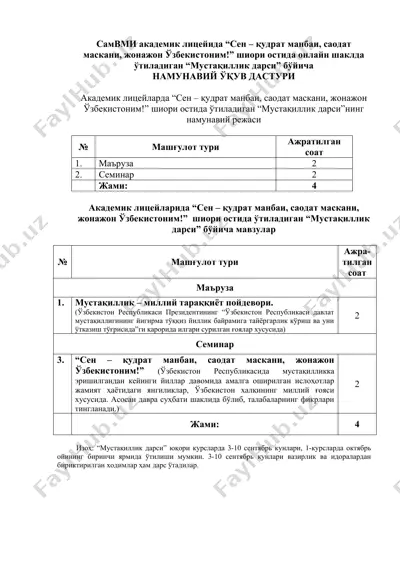 "mustaqillik darsi" namunaviy o'quv dasturi — DOCX