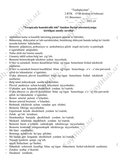 davlat attestatsiyasiga kiritilgan amaliy savollar "terapiyada hamshiralik ishi" fanidan — DOCX