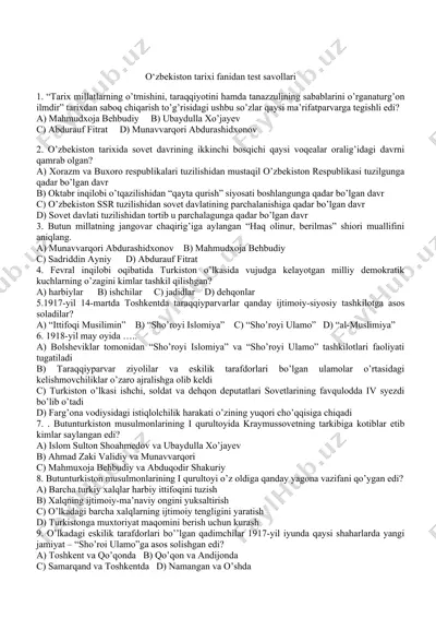 o‘zbekiston tarixi fanidan test savollari — DOCX