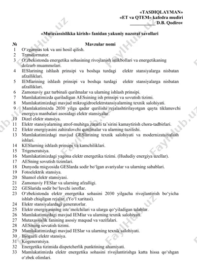 «mutaxassislikka kirish» fanidan yakuniy nazorat savollari — DOCX