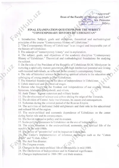 final examination questions for the subject "contemporary history of uzbekistan" — PDF