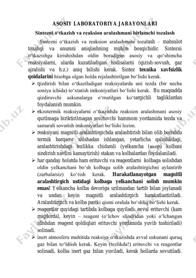 sintezni o‘tkazish va reaksion aralashmani birlamchi tozalash — PDF