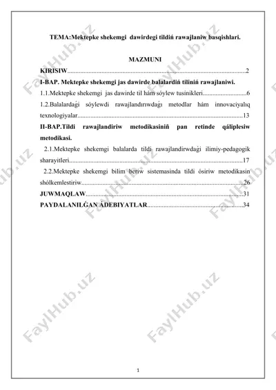 mektepke shekemgi dawirdegi tildiń rawajlaniw basqishlari — DOCX