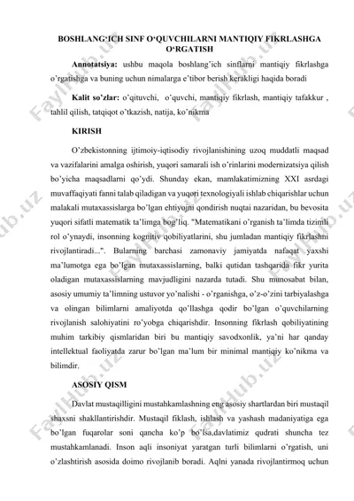 boshlang‘lch slnf o‘quvchlarnl mantlqly flkrlashga o‘rgatlsh — DOCX
