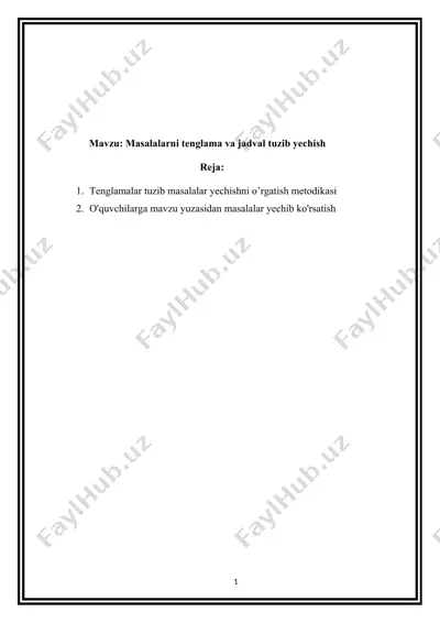 masalalarni tenglama va jadval tuzib yechish — DOCX