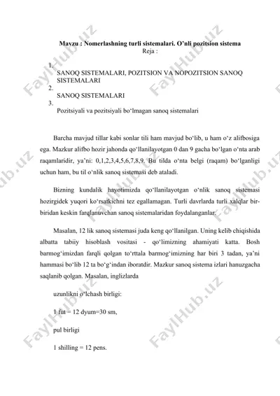 nomerlashning turli sistemalari. o’nli pozitsion sistema — DOCX