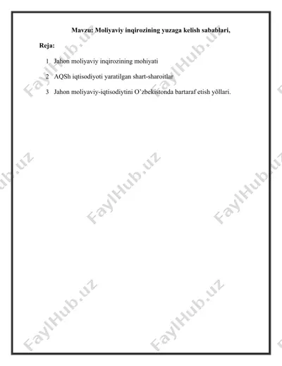 jahon moliyaviy inqirozining yuzaga kelish sabablari — DOCX
