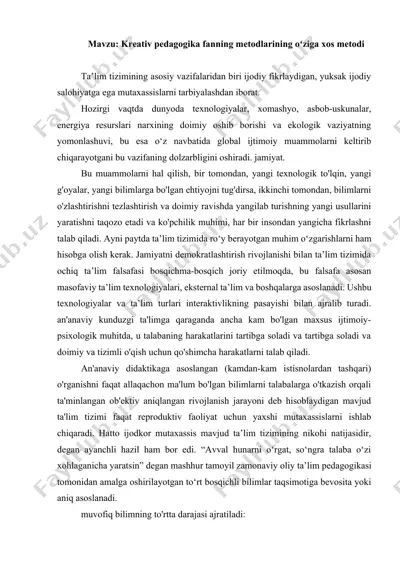 kreativ pedagogika fanning metodlarining oʻziga xos metodi — DOCX