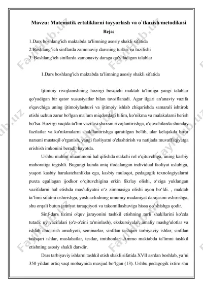 matematik ertaliklarni tayyorlash va o`tkazish metodikasi — DOCX